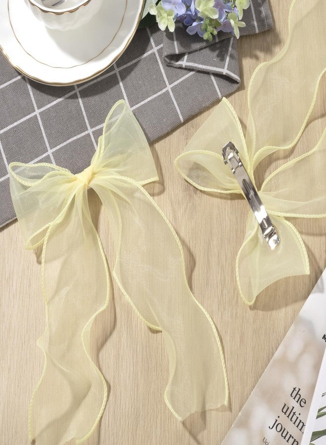 STSTR 2Pcs Large Hair Bow Clips, Yellow Silk Yarn Ribbon Bow Hair Barrette for Women, Elegant Long Tail Bowknot French Hair Accessories for Wedding, Parties, Festivals - Style 4 - Image 3